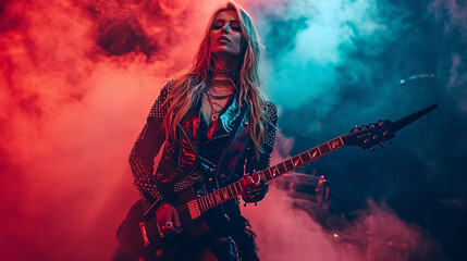 Glam rock fashion portrait, leather and studs, electric guitar prop, dramatic stage lighting