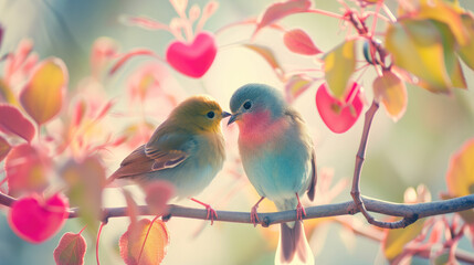 Two love birds on a branch of a blossoming tree with red hearts - obrazy, fototapety, plakaty