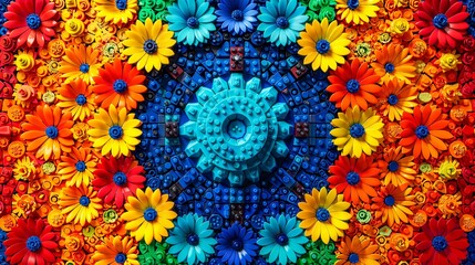 a colorful wall with a bunch of daisies arranged in a circular shape