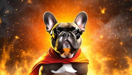 Obraz na płótnie Canvas superhero french bulldog illustration with fiery background