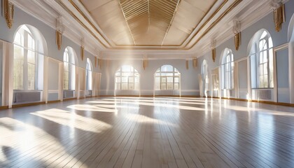 empty classical dance hall with mirror sunlight from windows ballet class