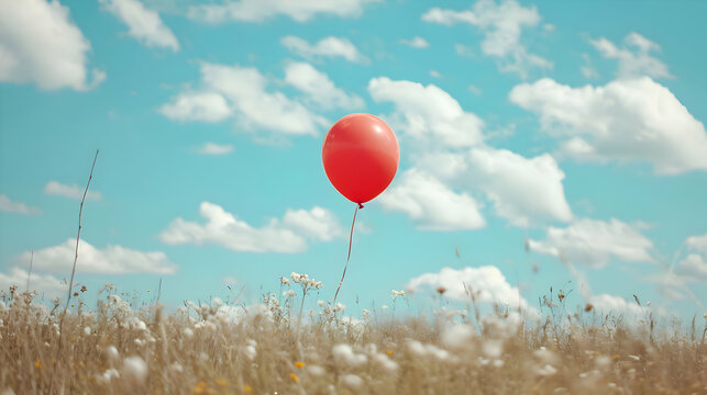 A realistic peaceful photo of the red balloon on the blue sky background. High quality