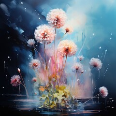 Fantasy illustration of delicate dandelions with glowing seeds against a dreamy night sky.
