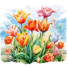 Fototapeta premium Illustration of a vibrant tulip garden, with flowers in full bloom under a clear sky.