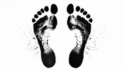 Muurstickers black human footprint white background isolated close up adult foot print pattern illustration barefoot footstep silhouette mark two messy bare feet painted stamp ink drawing imprint sign symbol © Irene