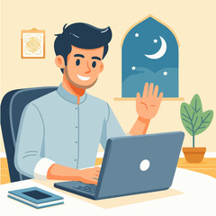 Vector happy young people working with computer cartoon drawing