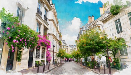 beautiful digital watercolor painting of the montmartre streets in paris france