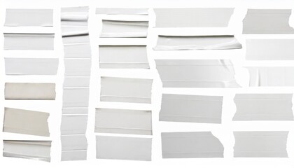 set of white scotch tapes on white background torn horizontal and different size white sticky tape adhesive pieces