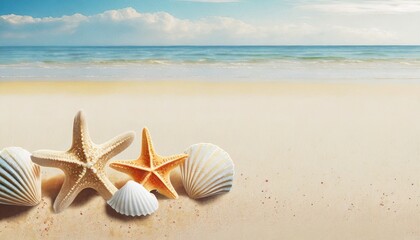 Fototapeta na wymiar sea shells and starfish on the beach banner with copy space