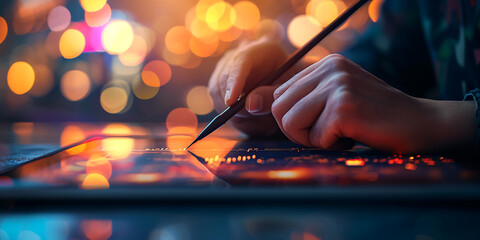 Uma imagem em close-up capturando um artista digital usando uma caneta stylus em uma mesa gráfica, dando vida a uma ilustração digital detalhada e vibrante.