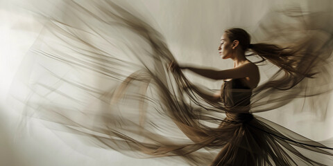 Artistic glamour portrait of a dancer, fluid motion captured, sheer fabric flowing, dynamic pose