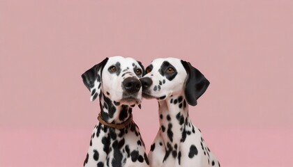 enter a world where two dalmatian dogs share an affectionate embrace against a soft pink background generative ai