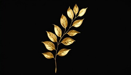 one golden leaves branch on black background isolated closeup decorative gold color plant sprig...