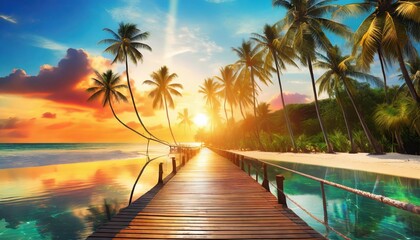 beautiful sunset beach coast colorful sky clouds sun rays over palm trees silhouette panoramic...