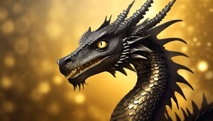 black dragon close up on golden background
