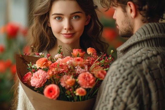 man presenting bouquet of flowers to woman,st valentine's day
