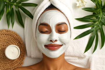 A beautiful young woman takes care of her skin by applying a mask and cream. Beauty salon. Cosmetology, skin care, massage.