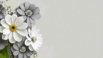 grey and white flowers banner with copy space