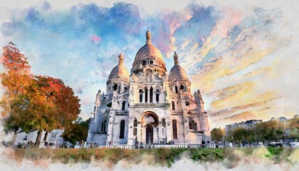 beautiful digital watercolor painting of the sacre coeur basilica at sunset in paris france autumn colors in the sky - obrazy, fototapety, plakaty