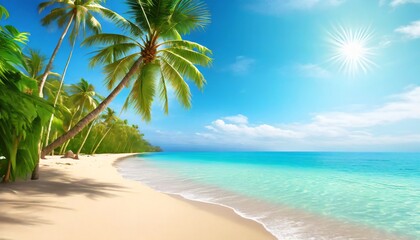 tropical island sea beach beautiful paradise nature panorama landscape coconut palm tree green leaves turquoise ocean water blue sky sun white cloud yellow sand summer holidays vacation travel - obrazy, fototapety, plakaty