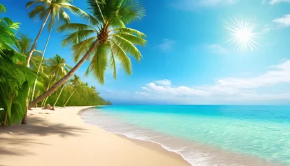 Fototapeten tropical island sea beach beautiful paradise nature panorama landscape coconut palm tree green leaves turquoise ocean water blue sky sun white cloud yellow sand summer holidays vacation travel © Irene