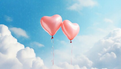 two helium balloons in the shape of a heart are flying in the blue sky and among the white clouds poster and banner valentine s day