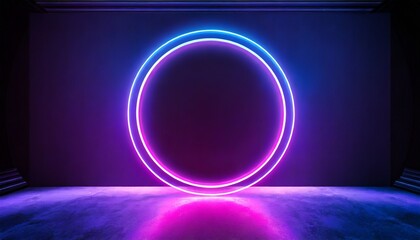 3d render blue pink neon round frame circle ring shape empty space ultraviolet light 80 s retro...