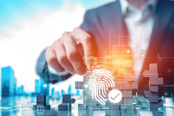 Data management system fingerprint protection online document database and process automation for efficient file management, Businessman clicks secure document is connected. digital file storage syste