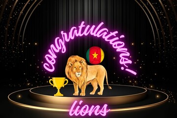 carte de félicitations pour les lions indomptables ,équipe nationale de football du Cameroun sur un fond noir et lumineux avec un lion jonglant ballon camerounais