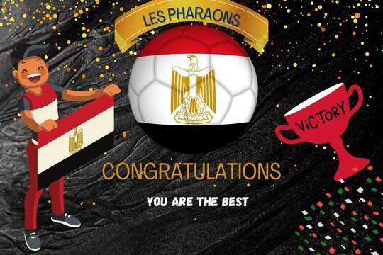 carte de f&eacute;licitations pour les pharaons d'Egypte,&eacute;quipe bationale de football d'Egypte avec l'illustration d'une supporteur agitant le drapeau &eacute;gyptien