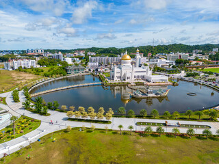 Sultan Omar Ali Seyfeddin Mosque Aerial View. Bandar Seri Begawan, the capital of Brunei Darussalam. Borneo. Southeast Asia 