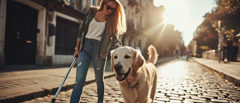 A guide dog and a girl. A girl and a guide dog are walking down a street in the city.
