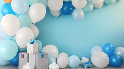 Design creative concept  birthday, party boys  celebration  bright color style balloons, kids style. Balloon decorated backdrop for birthday party.