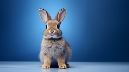 Fluffy Bunny in front of a navy blue Wallpaper. Blank Background with Copy Space