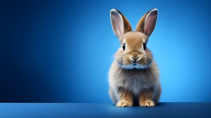 Fluffy Bunny in front of a navy blue Wallpaper. Blank Background with Copy Space