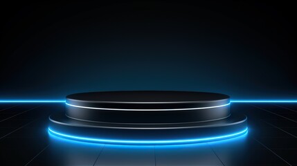 Close up empty black podium of product display in dark scene with line vertical blue neon light on background. Vector illustration. Generative Ai
