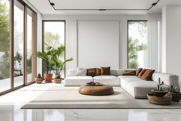 Minimal style Modern white living room with blank white wall for copy space 3d render, large windows