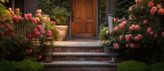 Fototapeta na wymiar Rose bushes and flagstone steps guide visitors to an elegant wood grain front door of a house surrounded by a garden.