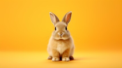 Fluffy Bunny in front of a orange Wallpaper. Blank Background with Copy Space