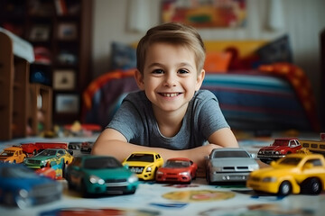 little boy playing with toy cars in his room