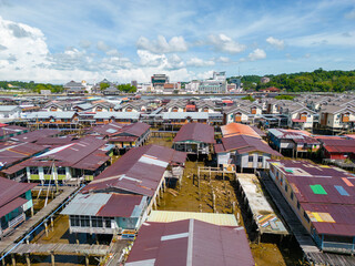 Bandar Seri Begawan floating village. Aerial View. Bandar Seri Begawan, the capital of Brunei Darussalam. Borneo. Southeast Asia. - obrazy, fototapety, plakaty