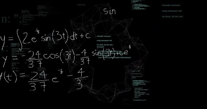 Animation of mathematical data processing over black background