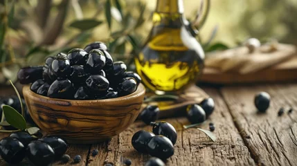 Foto op Plexiglas olives and a bottle of olive oil as a useful product for healthy eating and care   © Anna