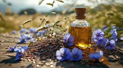 Obraz na płótnie Canvas Flaxseed oil stands on a wooden surface against a background of flax seeds and flowering plants