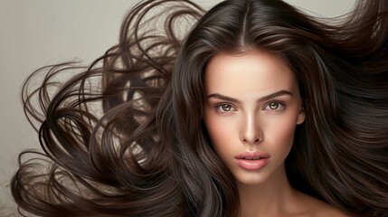 Naklejka premium Beautiful Brunette Girl. Healthy Long Hair fully paving the backgrounds, shiny and smooth texture.