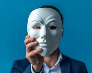Business man under cover of a opera mask, concept of liar, no sincerity business activity,with copy space on blue background. - obrazy, fototapety, plakaty
