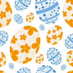 Seamless Easter eggs pattern on white isolated background. Beautiful orange flower eggs and dot blue eggs. For seasonal decor, home textiles, wallpaper.