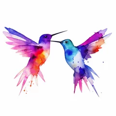 Fotobehang Kolibrie Splash watercolor flying hummingbirds couple bright paint illustration