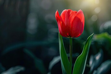 Single red tulip in full bloom A symbol of perfect love