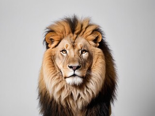 Fototapeta premium Portrait of a male lion on a gray background